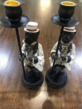 Vtg Anthropomorphic Butler Bulldog Candlestick Holders Painted Resin 2